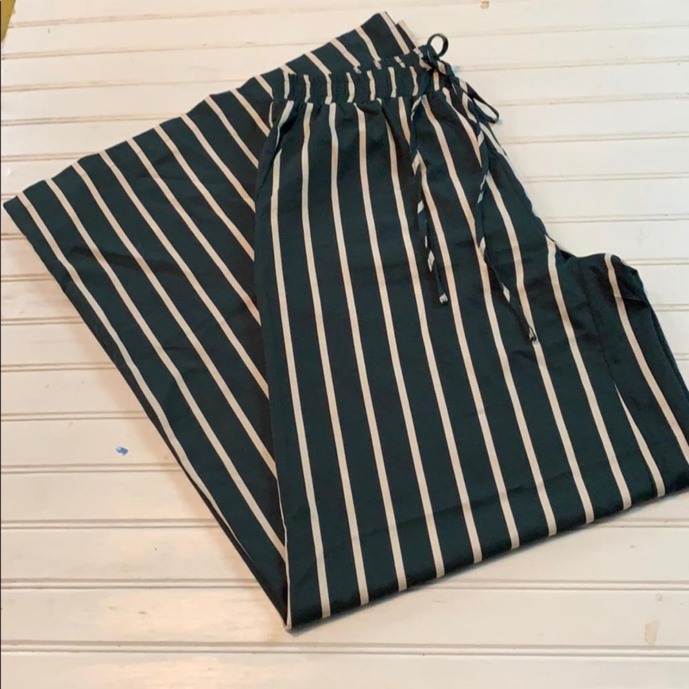 Anna Grace :Dark green&tan striped wide leg paints